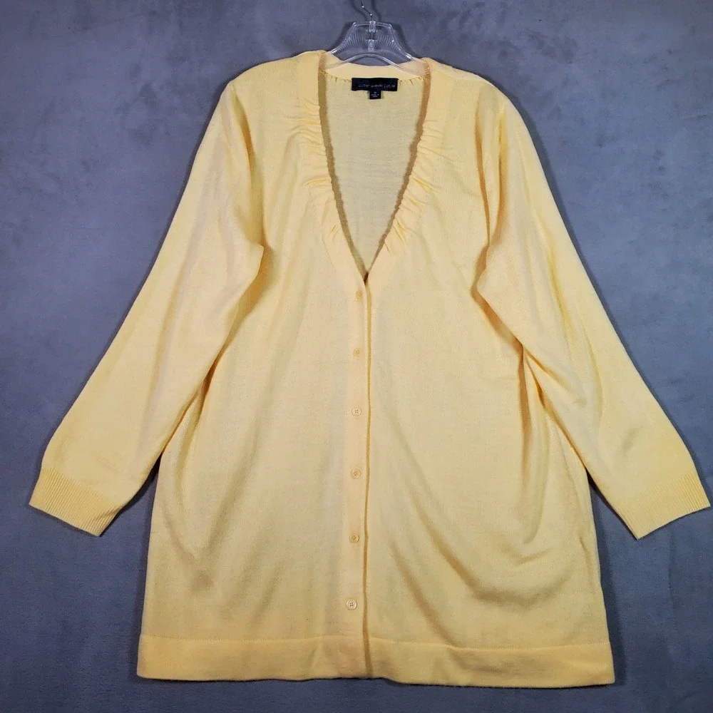 Susan Graver Cardigan Sweater Womens 1X Pastel Yellow Long Sleeve Button Minimal